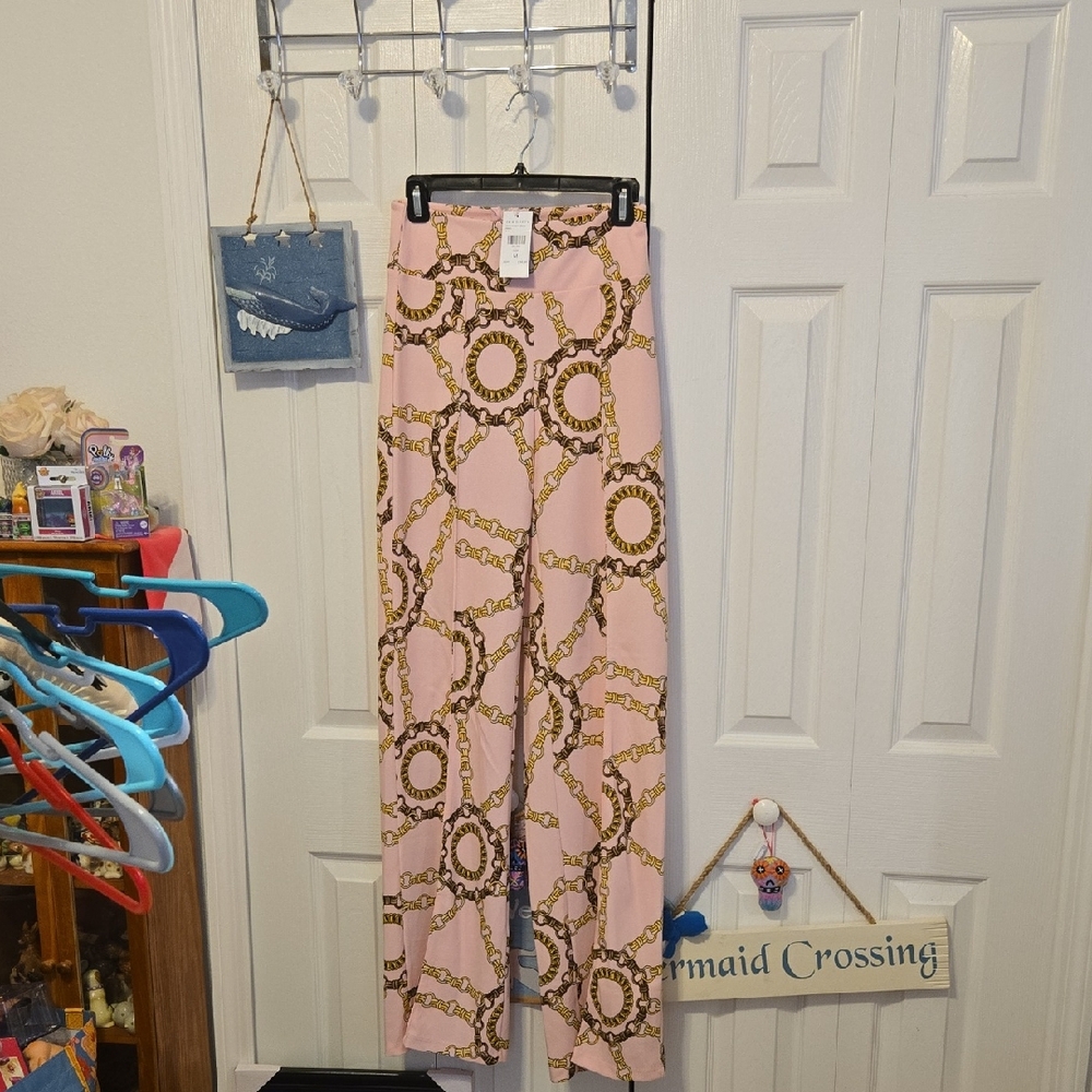 Fashion Nova Pink and Gold Chain Print Pants